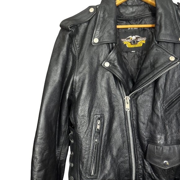 Vintage 90s Black Leather Motorcycle Jacket With Belt Zip Out Liner - Picture 2 of 13